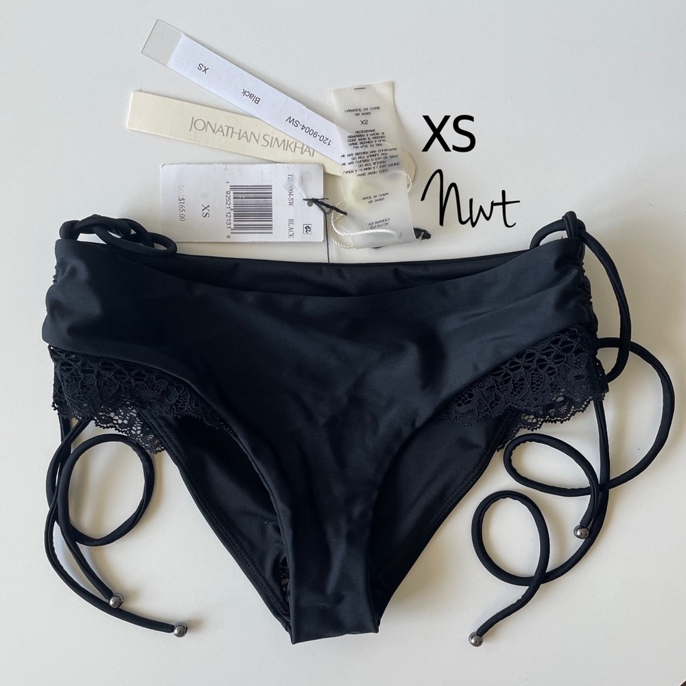NWT XS Jonathan Simkhai black lace detail swim tanga bottom string scrunch sides